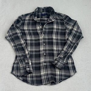 Ralph Lauren 100% Cotton Plaid Button Down Shirt Gray & Black Size Small